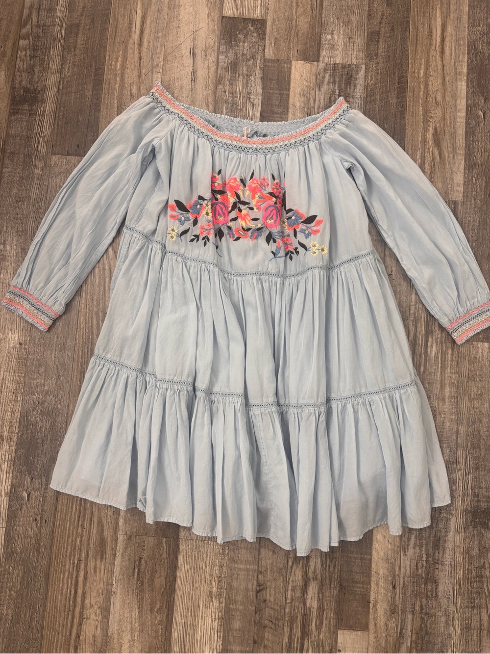 Free People Light Blue Embroidered Off-Shoulder Dress